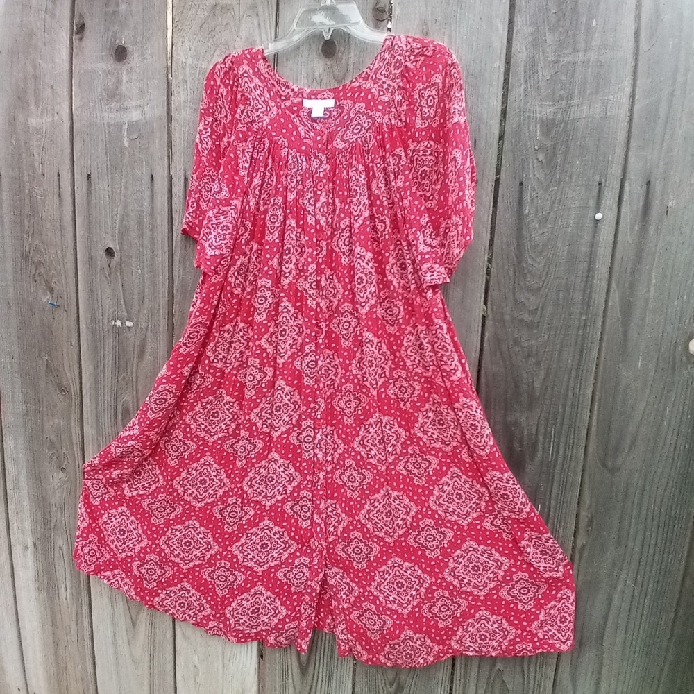 VINTAGE GO SOFTLY PATIO DRESS WOMEN M RED PARSLEY PRINT BUTTON CLOSURE TUNIC